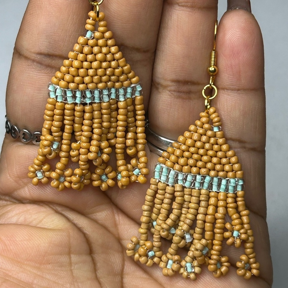 Elegant Beaded Fringe Earrings - Gold and Blue
